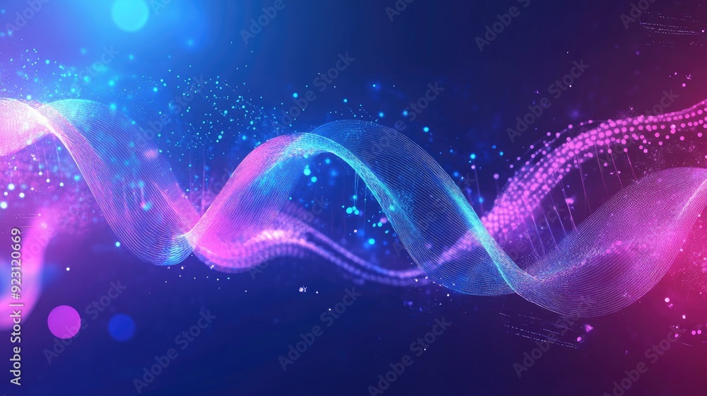 Poster geometric dynamic background featuring dna molecules and wave flows. perfect for science and technol