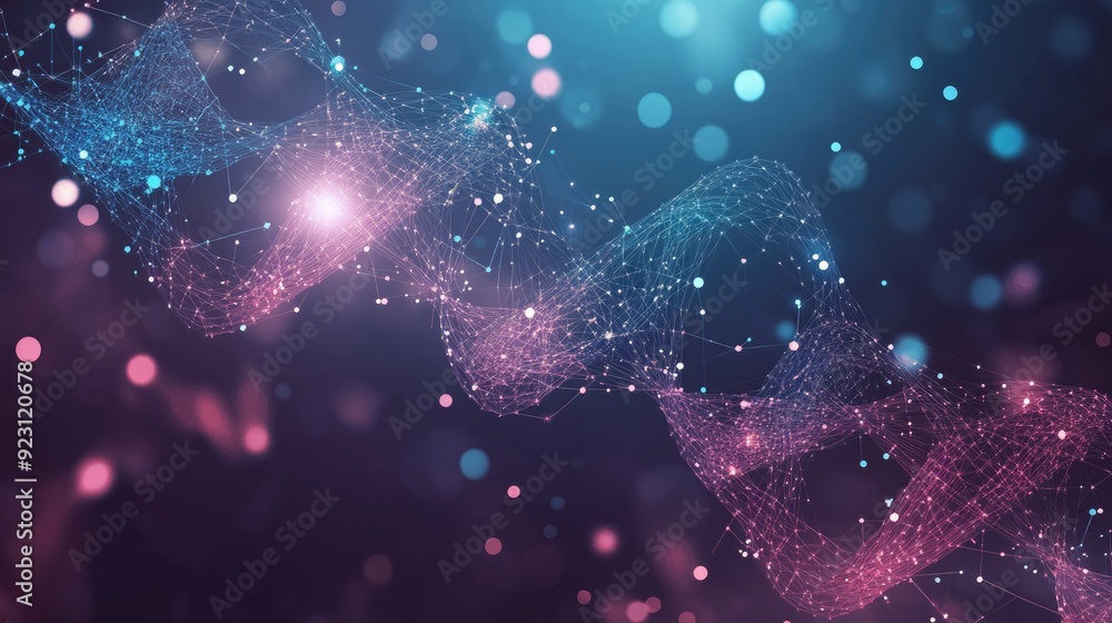 Poster geometric dynamic background featuring dna molecules and wave flows. perfect for science and technol