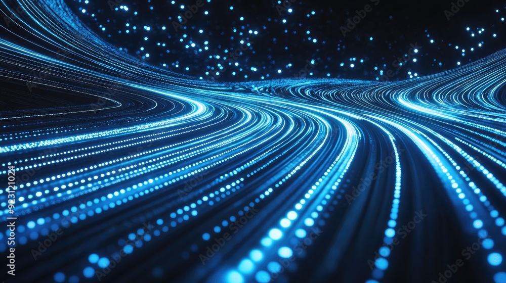 Poster glowing blue lines in a curved, futuristic pattern on an abstract background. perfect for showcasing
