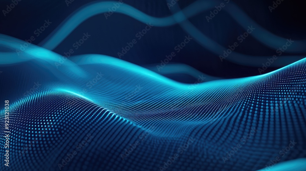 Poster glowing blue lines in a curved, futuristic pattern on an abstract background. perfect for showcasing