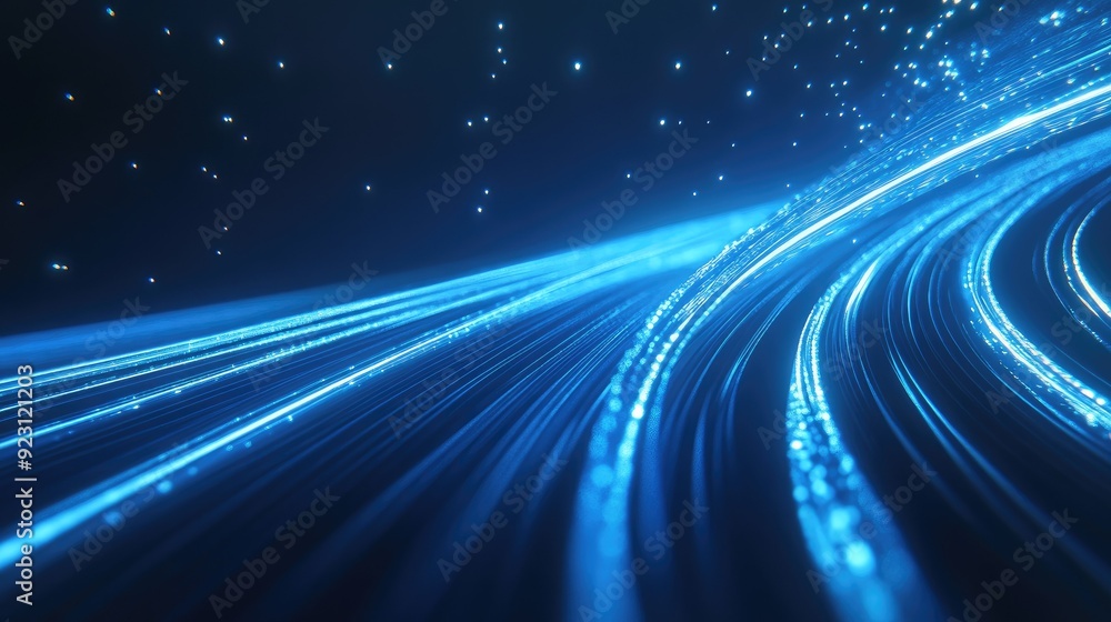 Poster glowing curved lines on a futuristic abstract background, creating a sleek blue shine. perfect for t