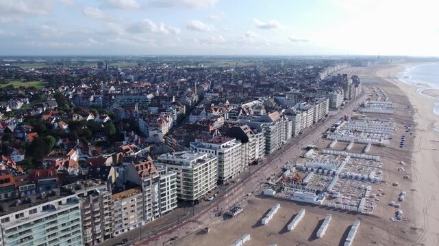 Aerial Establishing View of Knokke City and Beach at the Belgian Coast