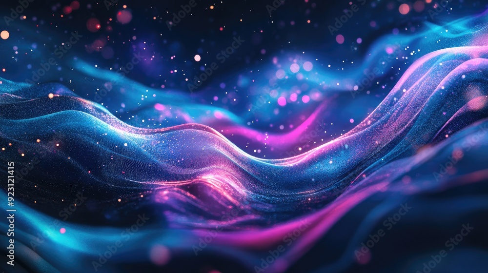 Aufkleber glowing particles and dynamic liquid flow create a trendy fluid cover design. eps10 vector illustrat
