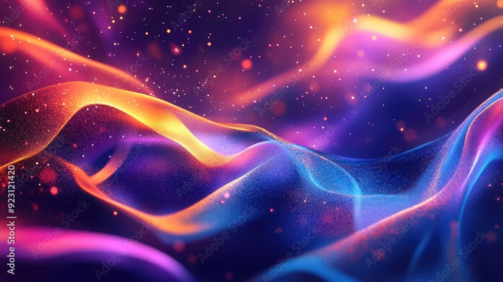 Poster glowing particles and dynamic liquid flow create a trendy fluid cover design. eps10 vector illustrat