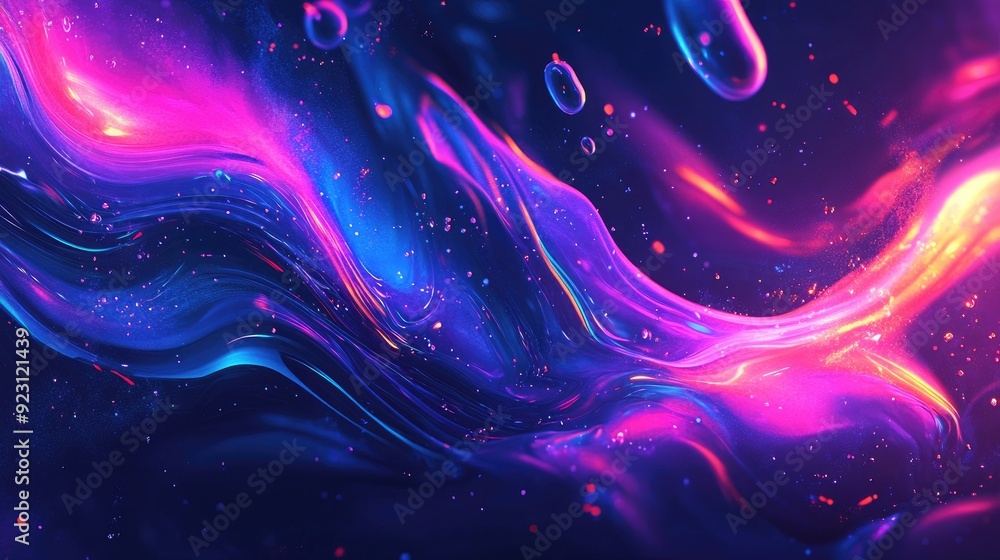 Poster glowing particles and dynamic liquid flow create a trendy fluid cover design. eps10 vector illustrat