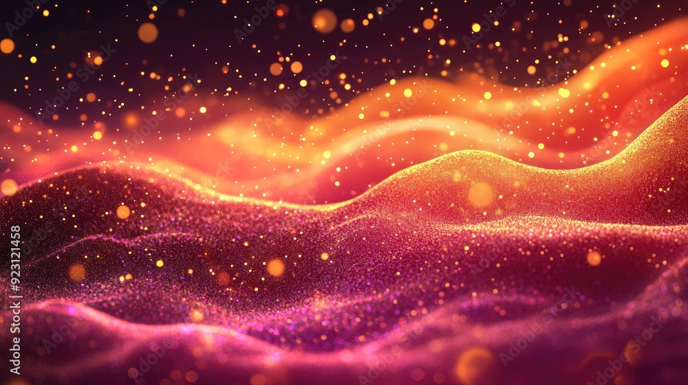 Poster glowing particles and dynamic liquid flow create a trendy fluid cover design. eps10 vector illustrat
