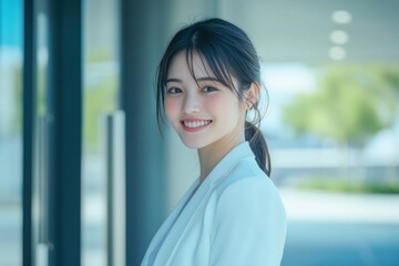 Obraz premium An Asian woman in a white suit smiles confidently while posing outdoors, with a backdrop of modern architecture and office buildings.