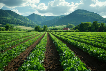 Lush green crops growing in neat rows with a view of mountains and a farmhouse under a blue sky with clouds.