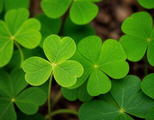Green shamrock natural background. Selective focus on a central leave