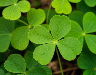 Green shamrock natural background. Selective focus on a central leave