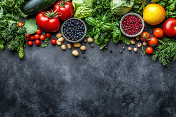 A colorful assortment of fresh vegetables, fruits, and herbs on a dark textured background, perfect for healthy eating and cooking concepts.