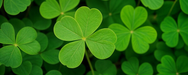 Green shamrock natural background. Selective focus on a central leave