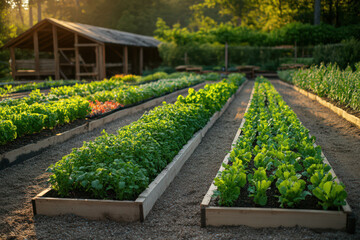 A serene community garden with neatly arranged raised beds full of vibrant vegetables, bathed in the golden light of sunset.