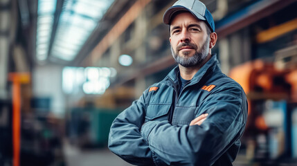 Obraz premium Portrait of a confident industrial worker standing with arms crossed in a factory