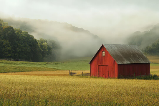 A solitary red barn stands in the middle of a foggy rural landscape, surrounded by lush fields and trees in the background. - Powered by Adobe