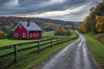 Charming red country house along a winding road with fall foliage in the background, under a dramatic cloudy sky, evokes rural tranquility.
