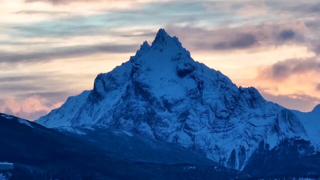 Mount Olivia At Ushuaia In Tierra Del Fuego Argentina. Snowy Mountains. Glacier Landscape. Tierra Del Fuego Argentina. Winter Background. Mount Olivia At Ushuaia In Tierra Del Fuego Argentina.