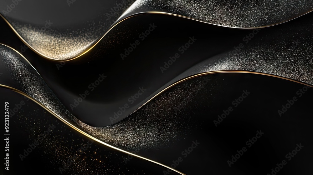 Poster luxurious 3d black background with curved, sparkling gold lines and open copy space, ideal for a sle