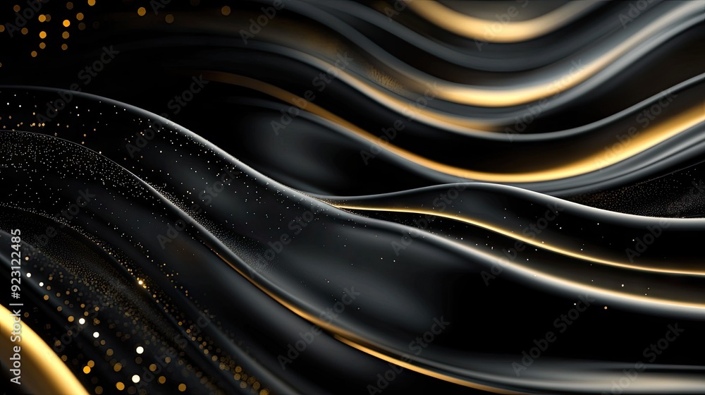 Poster luxurious 3d black background with curved, sparkling gold lines and open copy space, ideal for a sle