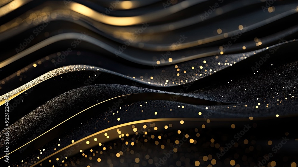 Poster luxurious 3d black background with curved, sparkling gold lines and open copy space, ideal for a sle
