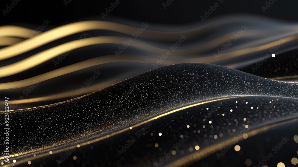 Poster luxurious 3d black background with curved, sparkling gold lines and open copy space, ideal for a sle