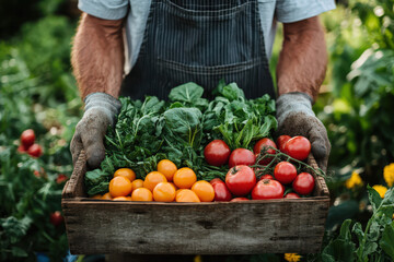 Farmer holding a wooden crate full of fresh, organic vegetables including tomatoes, greens, and yellow cherry tomatoes in a garden setting.