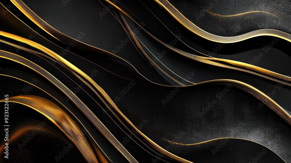 Poster luxurious black background featuring sleek gold wave lines, ideal for adding a touch of modern elega