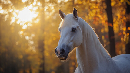 white #horse with black eyes and hair,  sunny day and midday light in the backgrond very colorful forest blurred, copyspace