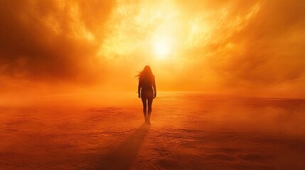 Silhouette of a Woman Walking Towards the Sun in a Dusty Orange Landscape