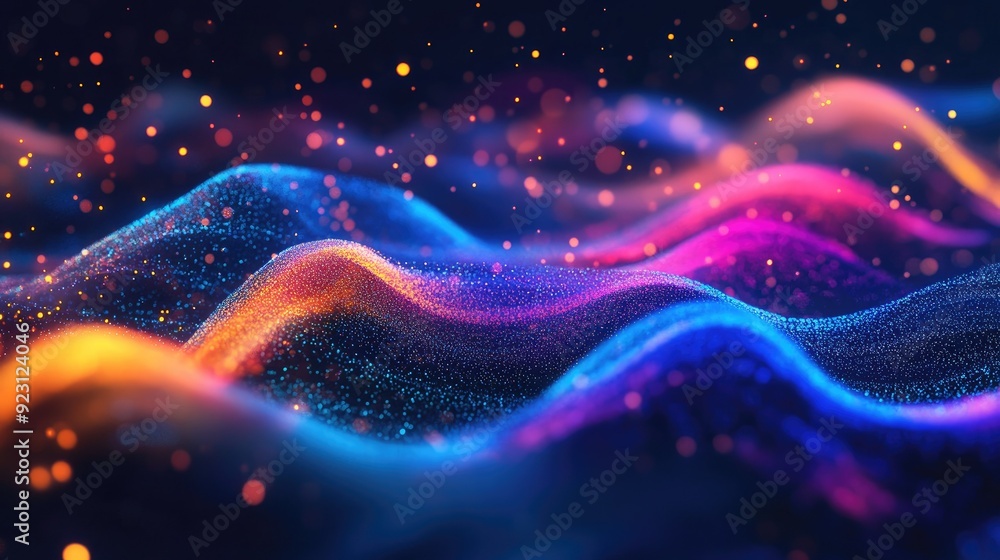 Poster modern abstract design featuring glowing particles and dynamic liquid flow. trendy fluid cover with 