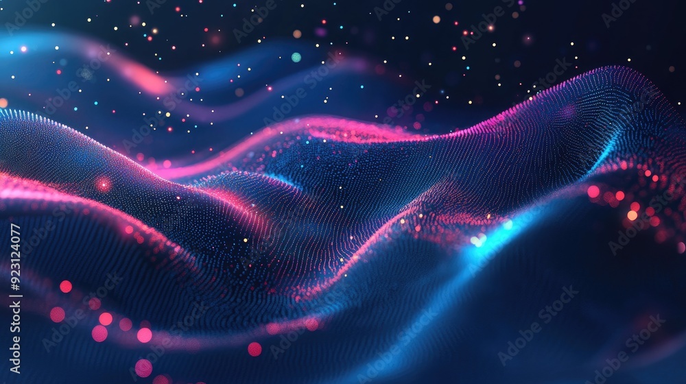 Poster modern abstract design featuring glowing particles and dynamic liquid flow. trendy fluid cover with 