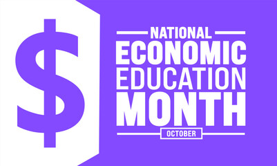 Fototapeta premium National ECONOMIC EDUCATION Financial Awareness month. Piggy, money, plant and more. Suitable for cards, banners, posters, social media and more. Black background.