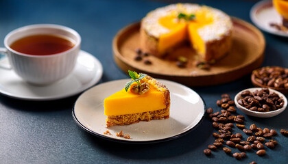 Mango crape cake with mango jame on top in clear plate on desk with cup of coffee in the background