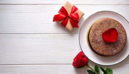 chocolate cake with red roses, a Valentine's Day cookies background, and a red rose on a white table background, copy space, and top view.