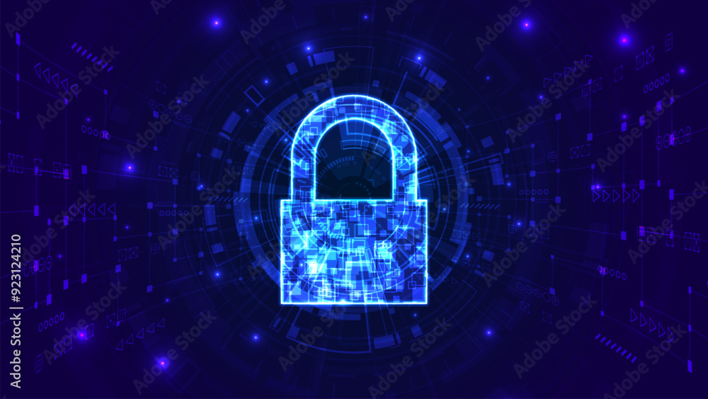 Poster abstract technology data security concept lock with circuit circle on dark blue background.
