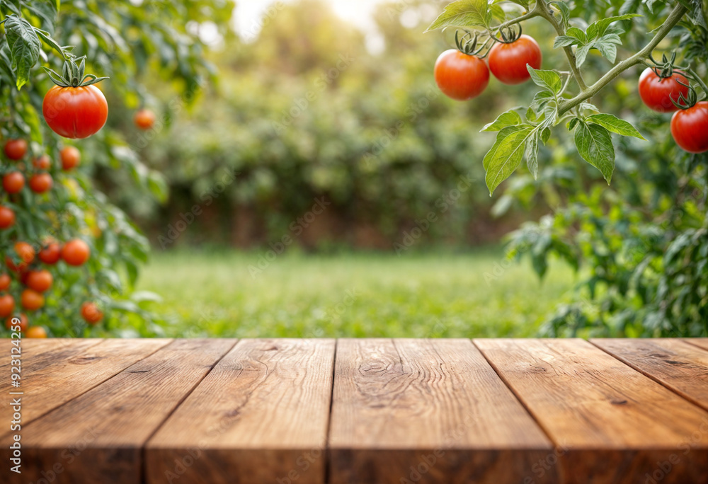 Wall mural the empty wooden table top with blur background of tomato tre the empty wooden table top with blur b