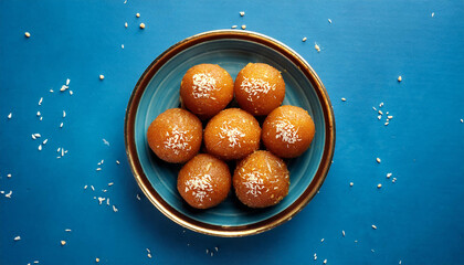 Top view of circular arrangement of Indian sweets ladoos and nuts on a ceramic plate 
