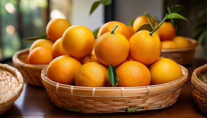 A woven basket filled with vibrant oranges on a soft, neutral background