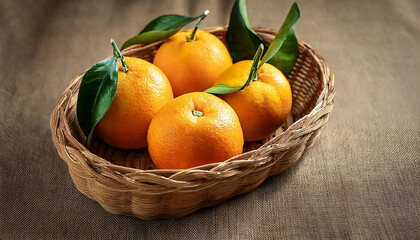 A woven basket filled with vibrant oranges on a soft, neutral background