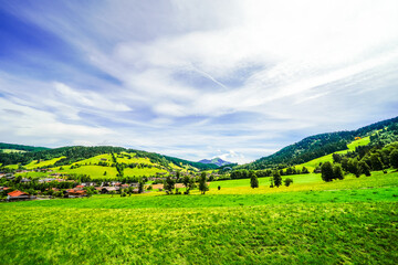Fototapeta premium View of the landscape at Markbachjoch near Niederau. Nature and the surrounding mountains near Wildschönau in Tyrol. 