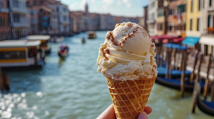 A close-up of a delicious gelato in a waffle cone held up against the backdrop of Venices canals, capturing the flavors of Italy.