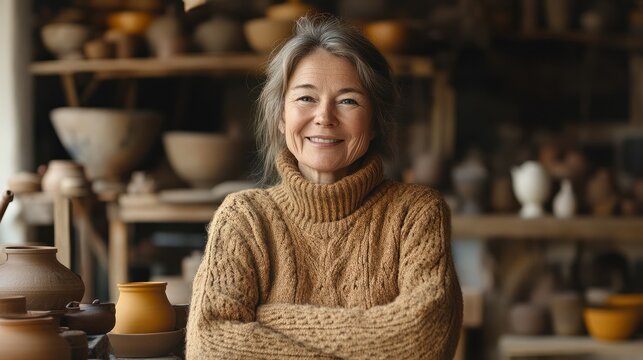 Medium shot portrait photography of a satisfied woman in her 50s that is wearing a cozy sweater against a traditional pottery studio with craftspeople at work background . Generative AI - Powered by Adobe