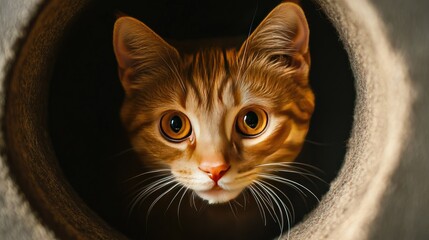 A close-up of a red cats face peering out from a circular opening, with its ears perked up and eyes wide open, highlighting its alert and playful nature.