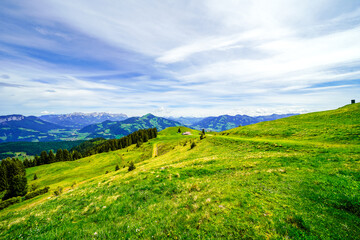 View of the landscape at Markbachjoch near Niederau. Nature and the surrounding mountains near...