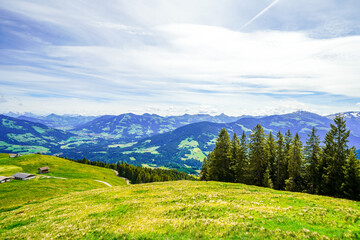 View of the landscape at Markbachjoch near Niederau. Nature and the surrounding mountains near...