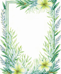 Fototapeta premium Rectangular Watercolor Floral Frame with Thin Sides on White Background