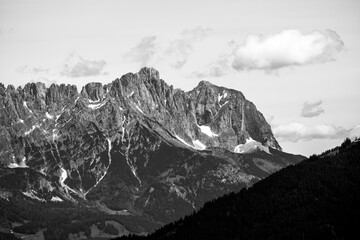 View of the landscape at Markbachjoch near Niederau. Nature and the surrounding mountains near...