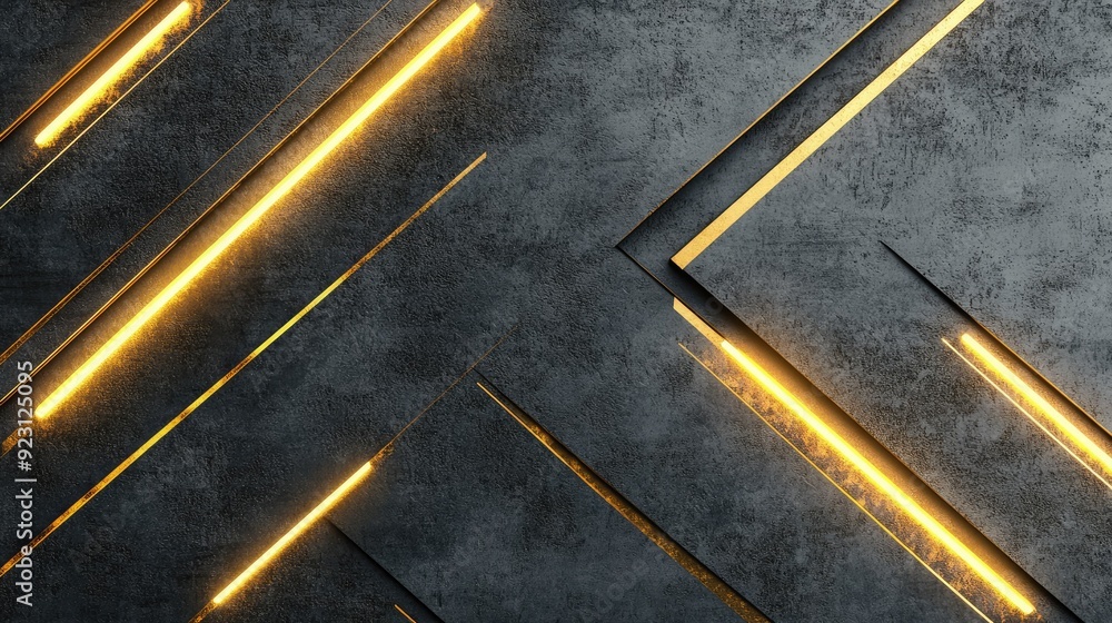 Poster modern geometric pattern featuring gold light arrows on a grey canvas, emphasizing a futuristic desi