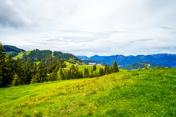 View of the landscape at Markbachjoch near Niederau. Nature and the surrounding mountains near...