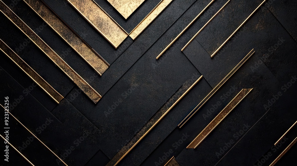 Poster modern luxury background featuring abstract gold arrows in a geometric pattern on a black blank spac